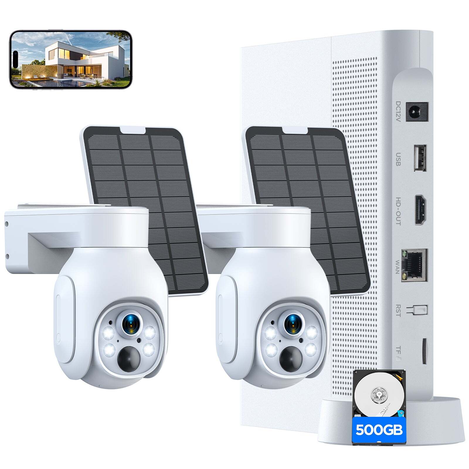 Wireless Solar Powered Security Camera System Outdoor 4MP PTZ HDMI Output NVR