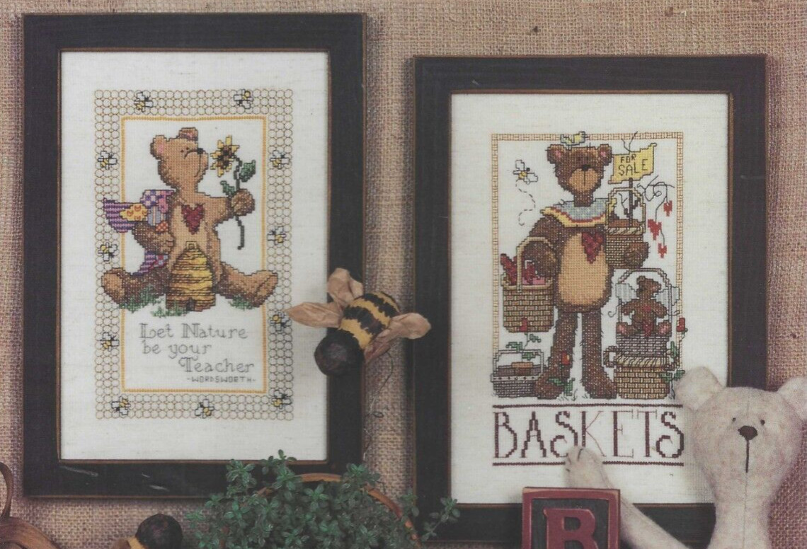 BEARS AND BEES--2 Designs--Teddy Bear--Baskets-Cute-Counted Cross Stitch Pattern