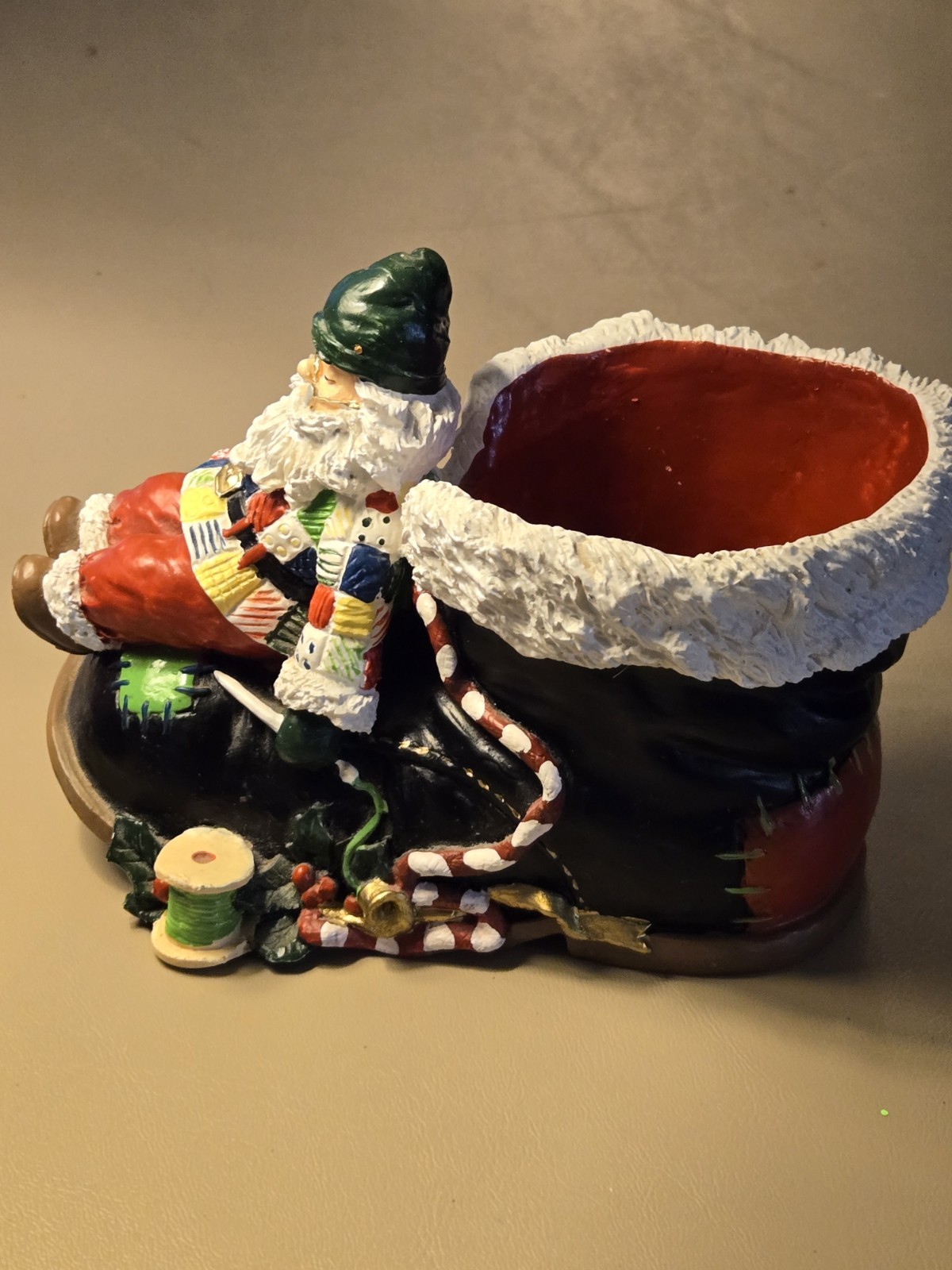 Sleeping Santa In A Boot Ceramic Planter Sewing Thread Holiday Decor