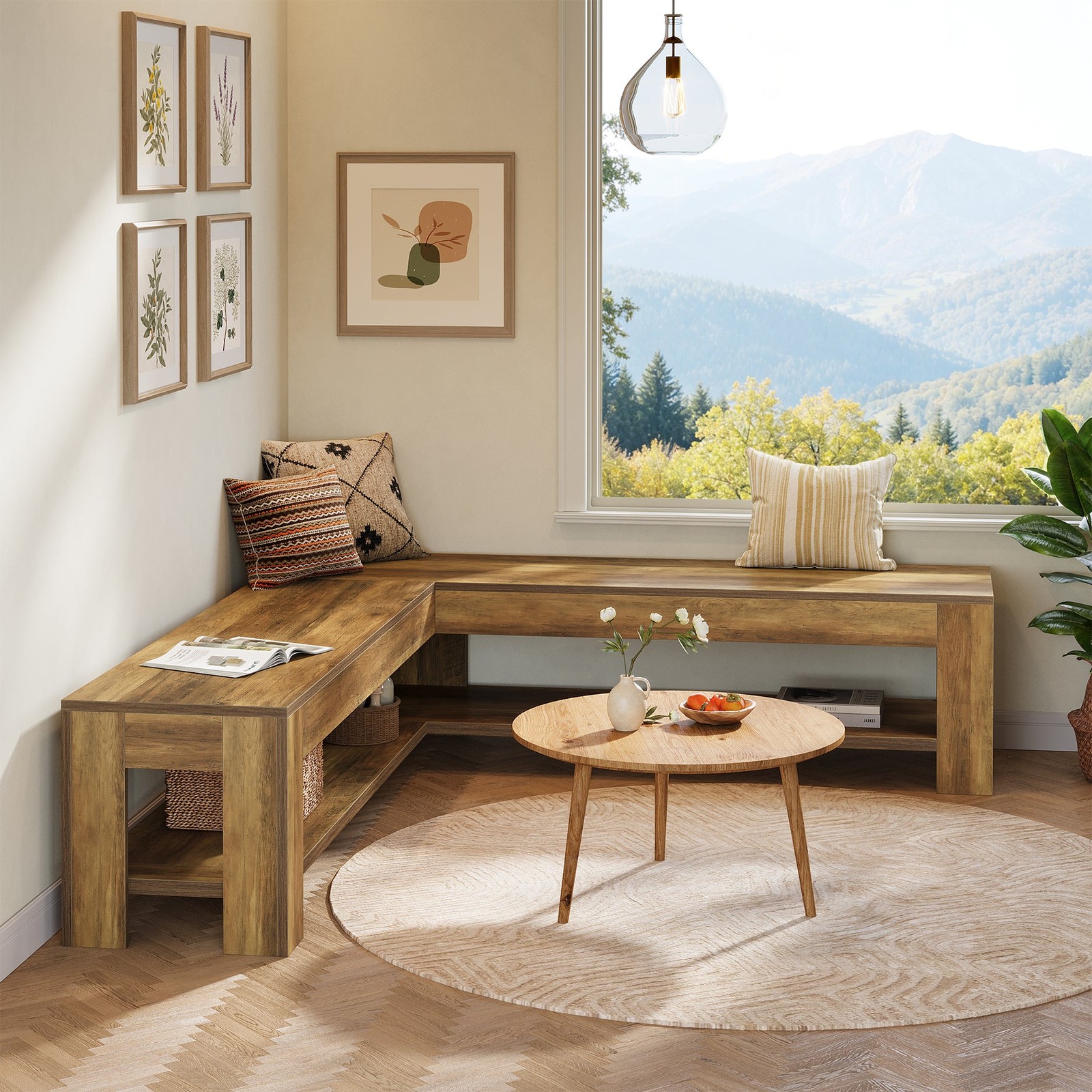 L-Shaped Dining Nook Bench with Storage Shelf, Wooden Space-Saving Corner Bench