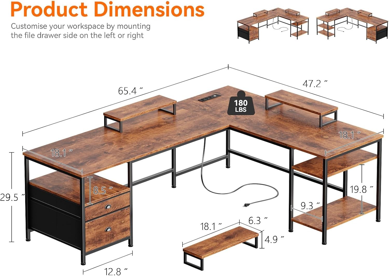 Furologee Rustic Brown L Desk 66InchReversibleCornerwithMonitorStands for Gaming