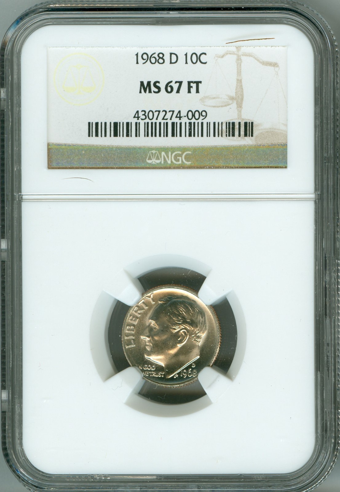 1968 D MS67 FT NGC ROOSEVELT DIME 10c FULL TORCH, LOW POP, 2nd HIGHEST REGISTRY