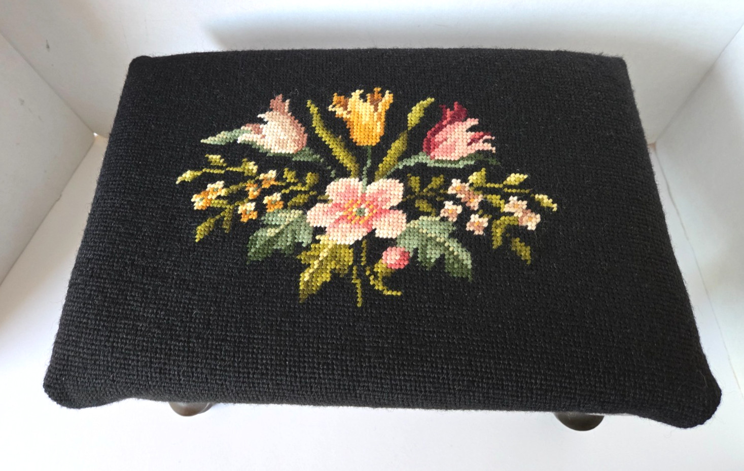 Vtg Floral Needlepoint Footstool Wool Rectangular Victorian Flowers Black 14.5”