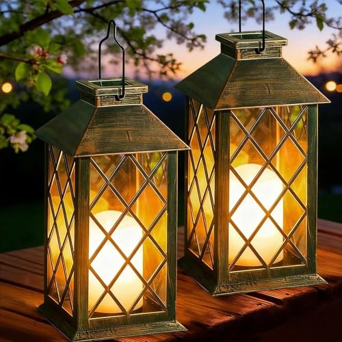 Solar Lanterns Outdoor Waterproof, 2 Pack 9" Glass Hanging Solar Bronze 9"
