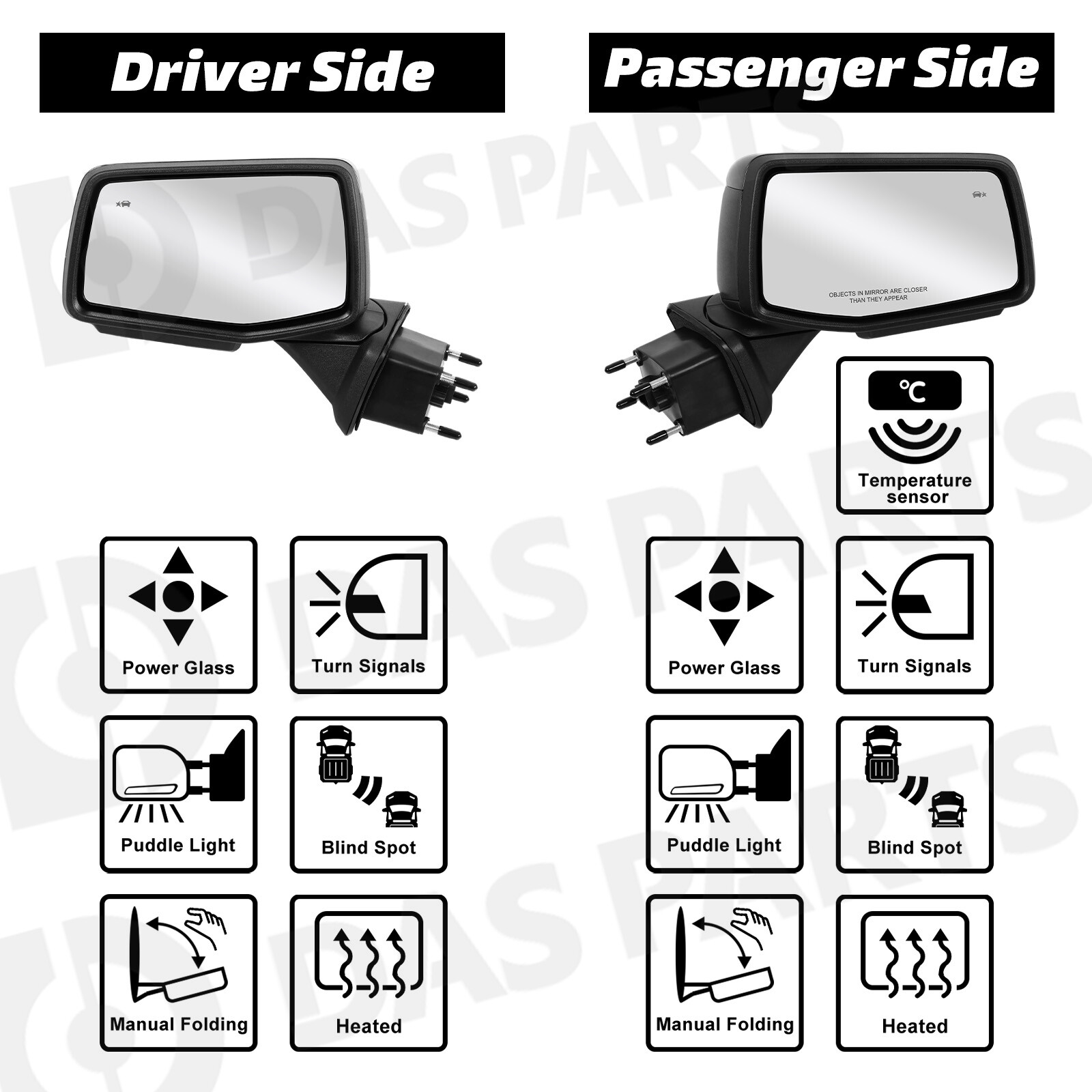 Gloss Black Mirror Heated Temp Sensor Pair For 2019-2024 Chevy Silverado 1500