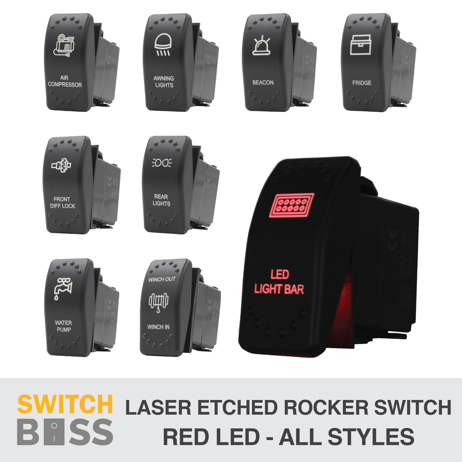 Red LED CUSTOM LASER ETCHED Rocker Switch 88 Styles Caravan Marine Boat Car 12v