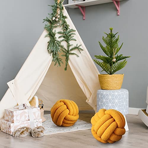 2 Pcs Knot Pillows Home Decorative Round Ball Throw Plush 11 Inch Turmeric