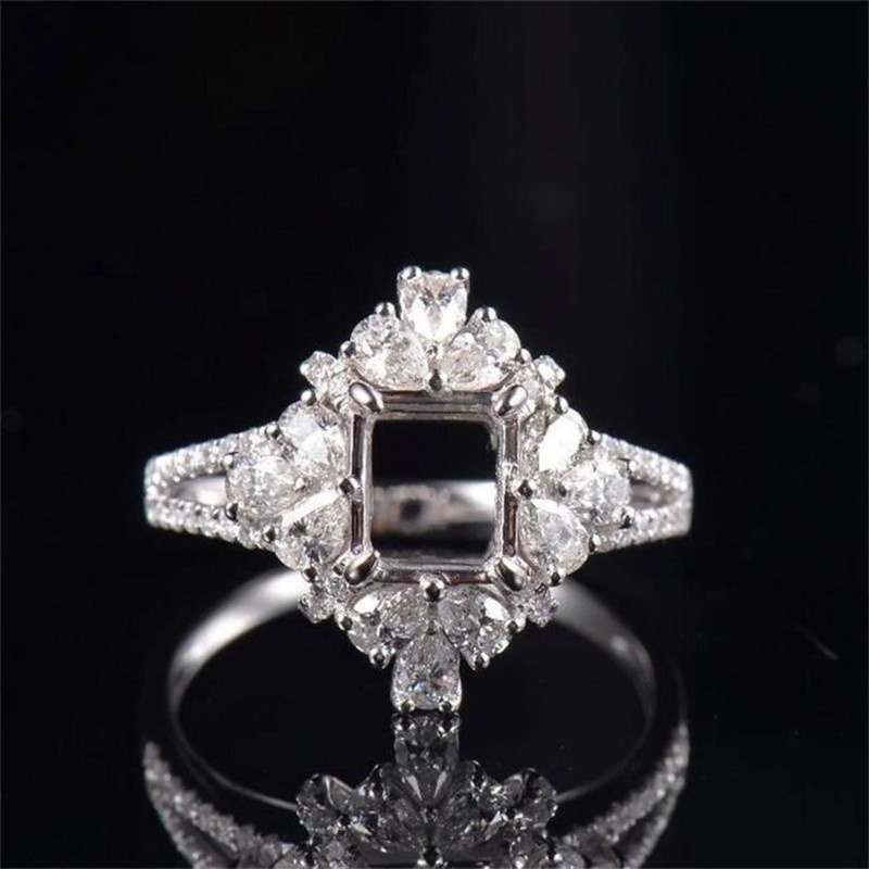 6x6 MM Princess Cut Semi Mount Ring 925 Sterling Silver Starburst Cluster Halo