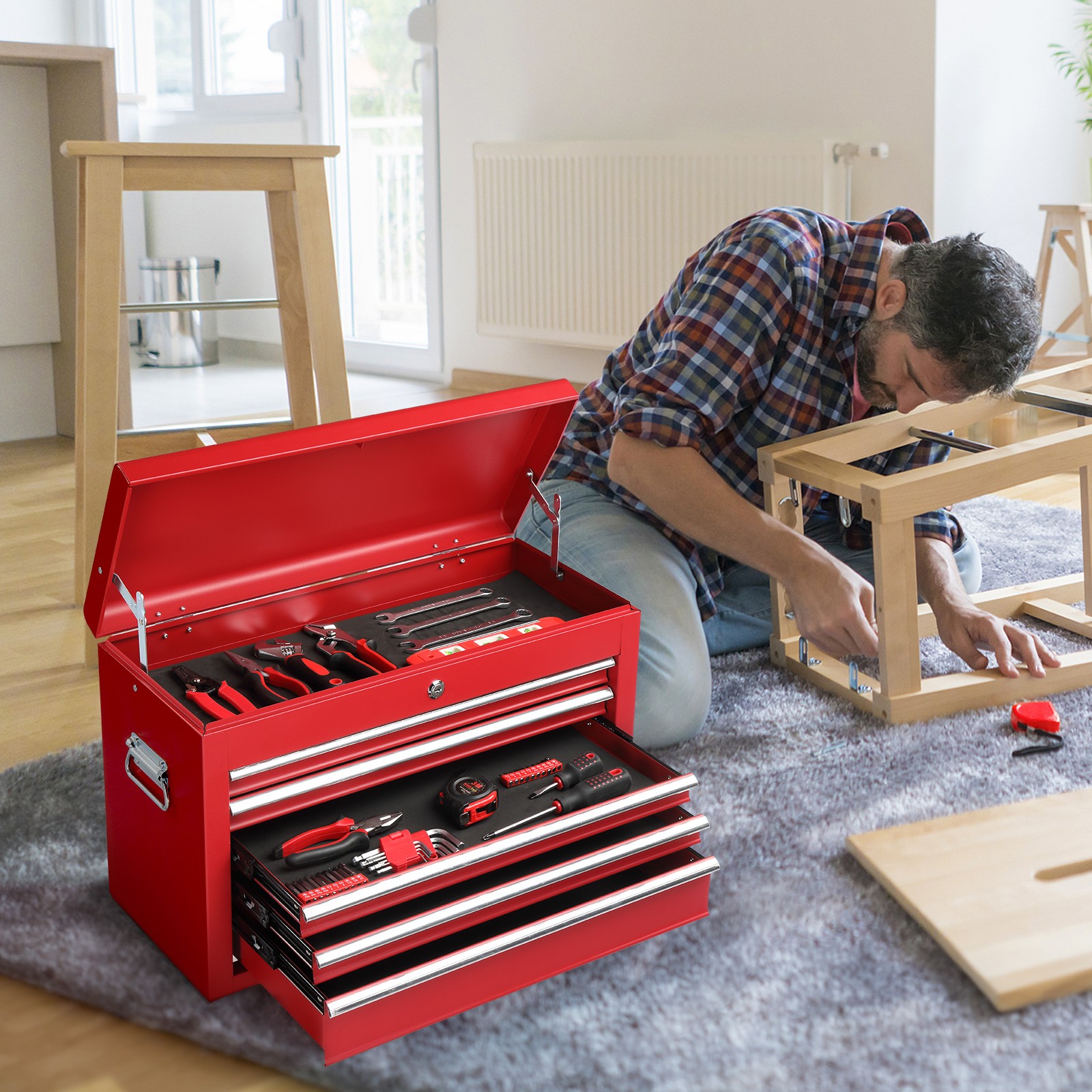 Red Tool Chest Steel Tool Storage Box with 5 Drawers & Locking System & Keys NEW