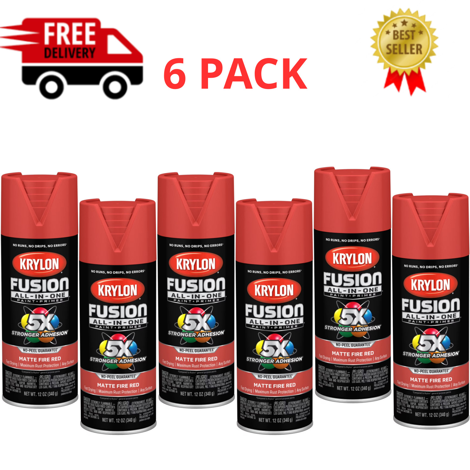 Krylon Fusion All-In-One Spray Paint, Matte, Fire Red, 12 oz., 6 Pack
