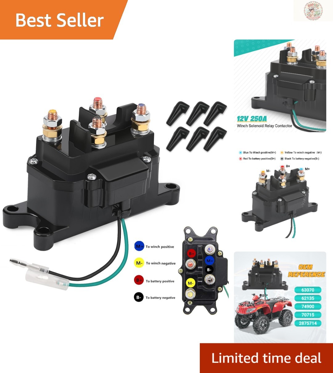 Essential 12V 250A Winch Solenoid for Polaris, Honda, and More - 6 Caps Included