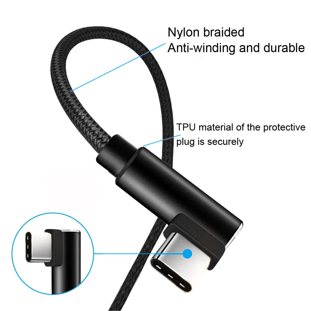 Type C 90 Degree Right Angle USB C 2.4A Fast Data Sync Charging Charger Cable
