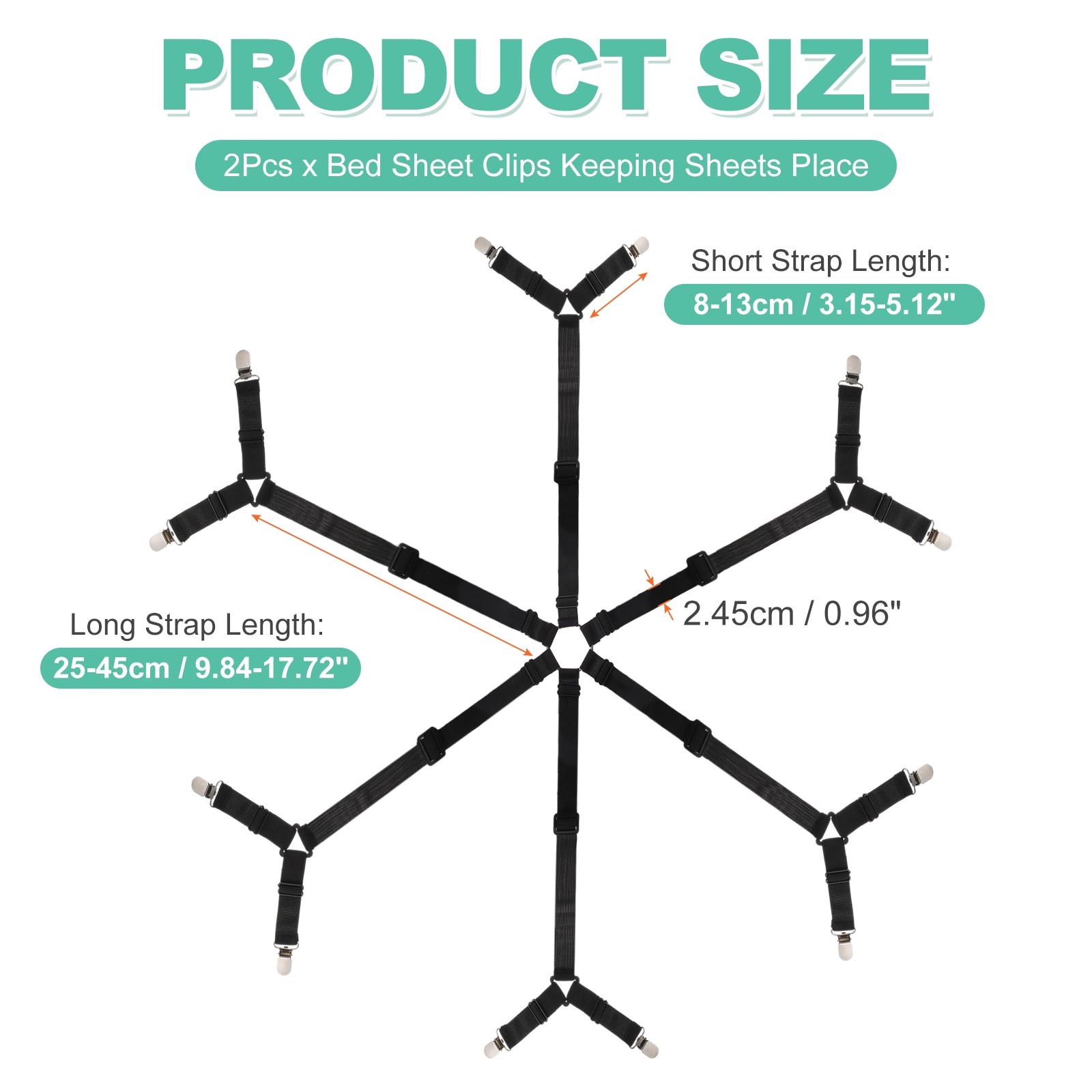 2Pcs Bed Sheet Holder Straps Elastic Adjustable 6 Way Cross 12 Clips, Black