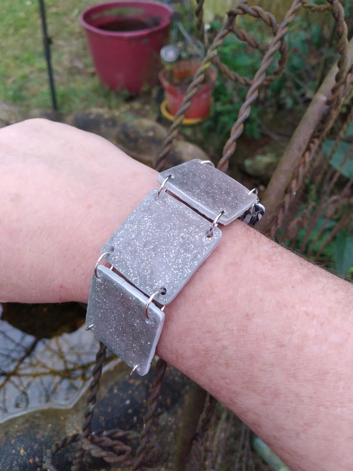 Handcrafted Reversible Polymer Clay Resin Silver Bracelet Black Gray White