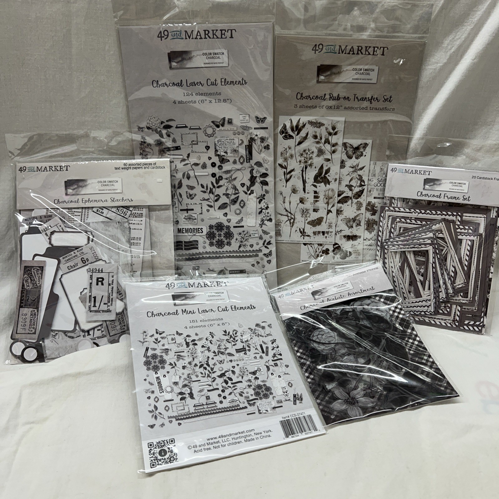 49 & Market Color Swatch Charcoal 6 Pcs Ephemera Acetate Rub Ons Laser Cuts Gray
