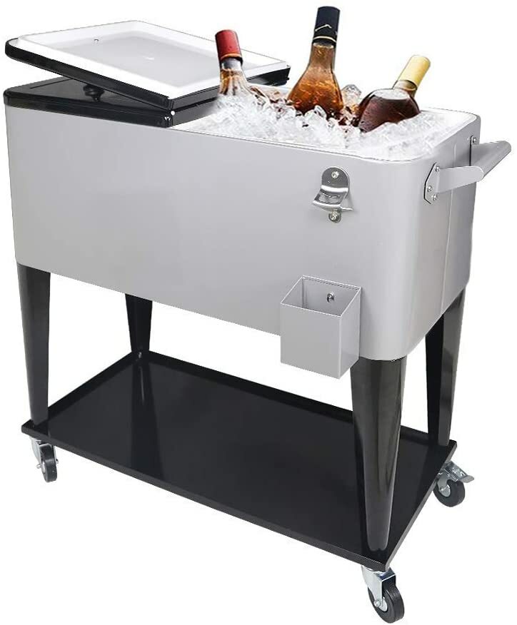 Gray 80QT Rolling Cooler Cart Ice Chest for Outdoor Patio Deck Party