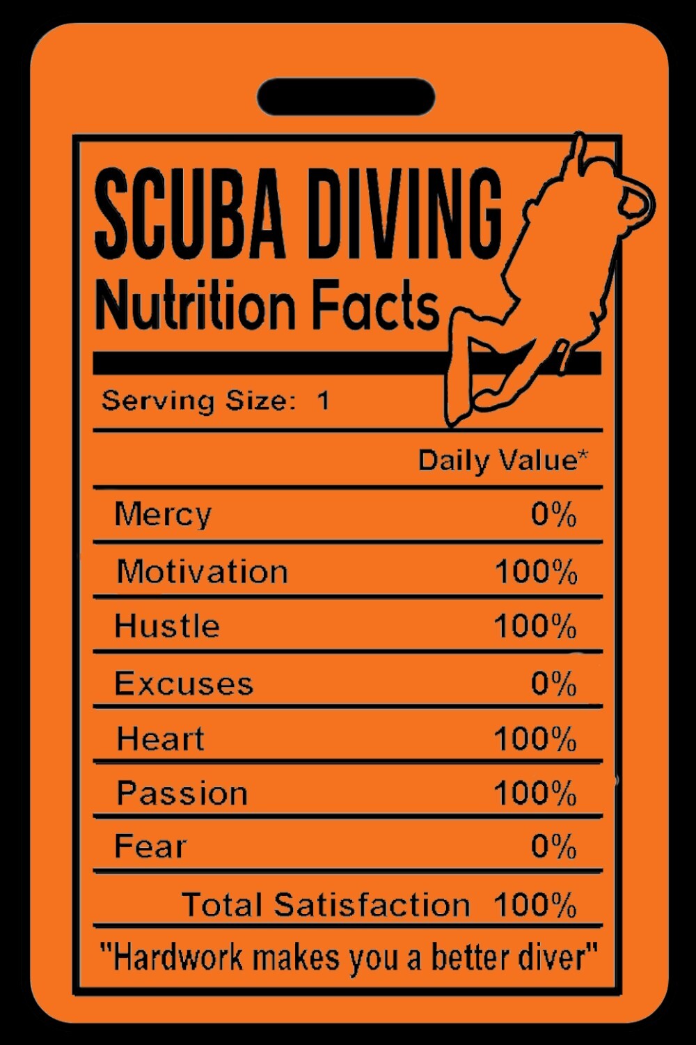 Personalized Safety Orange SCUBA Diving "Nutrition Facts" Luggage/Gear Bag Tag