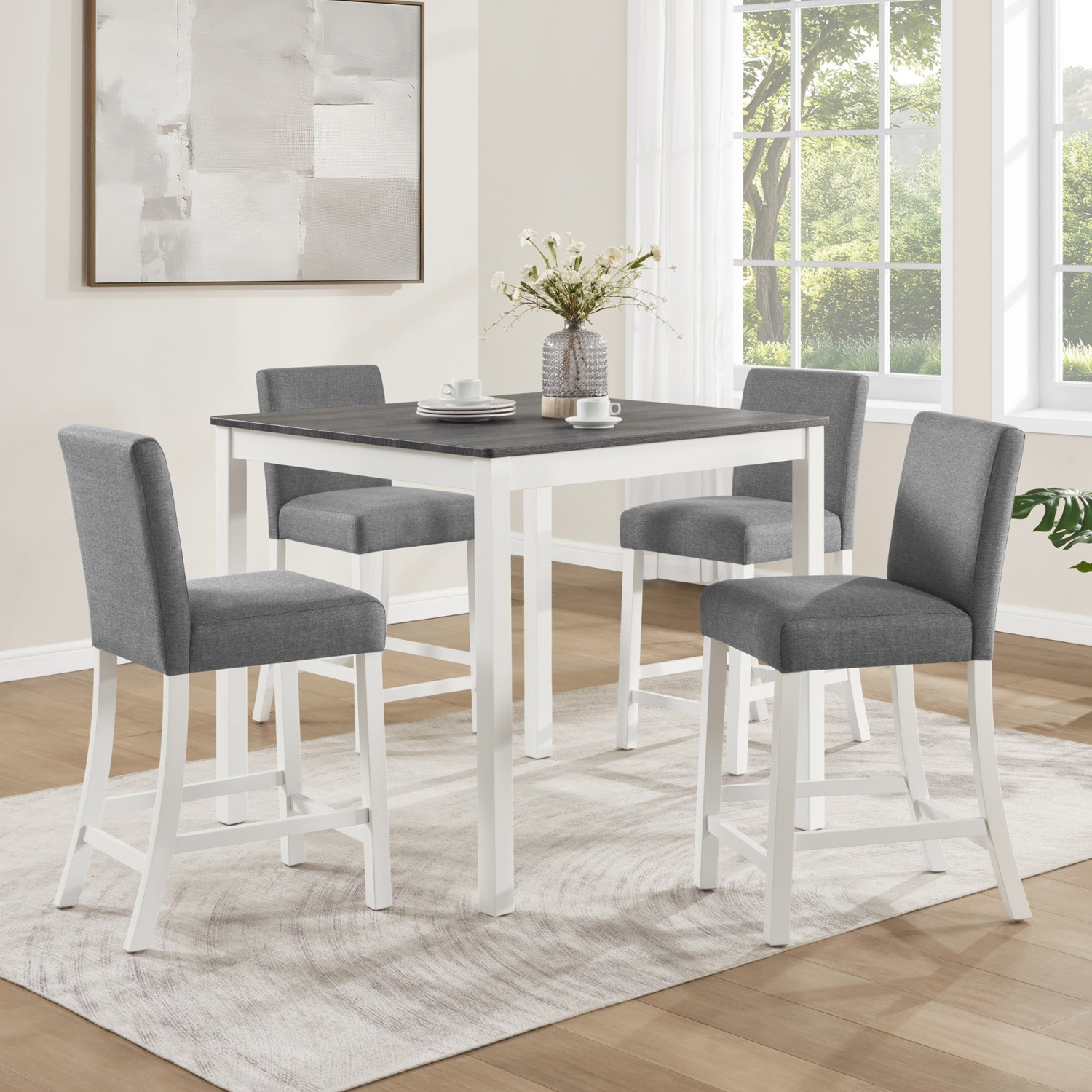 5 Piece Square Counter Height Wooden Table Set w/ 4 Linen Upholstered Chairs