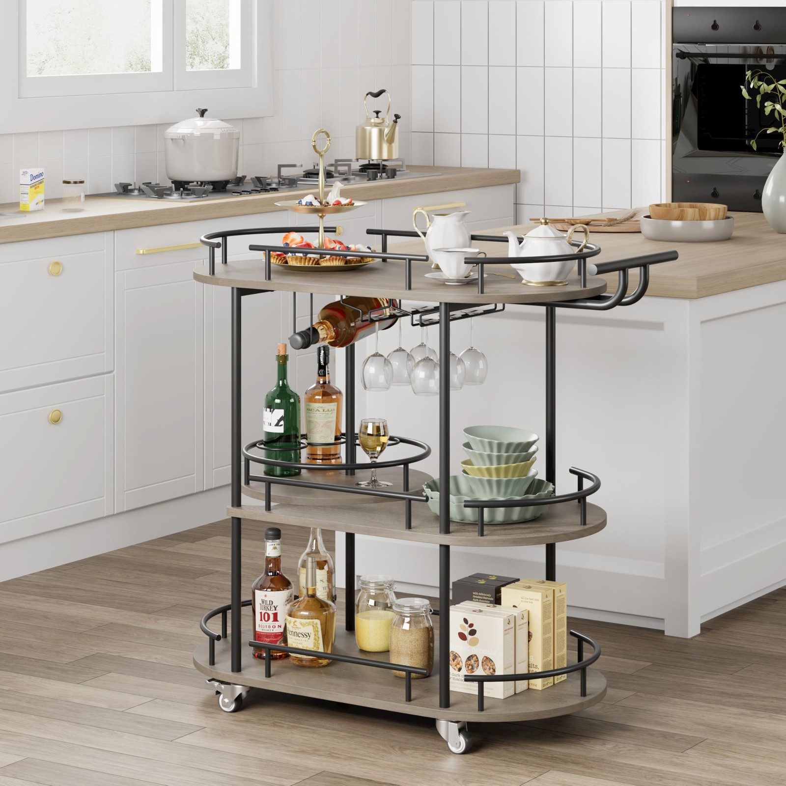 Bar Carts 3-Tier Storage Shelves Mobile Kitchen Serving Cart w/ Wine Rack Wheels