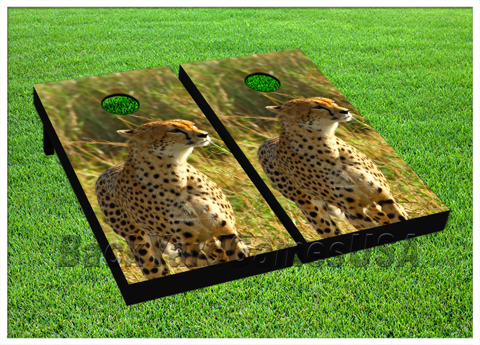 CORNHOLE BEANBAG TOSS GAME w Bags Game Boards Cheetah Wildlife Black Set 976