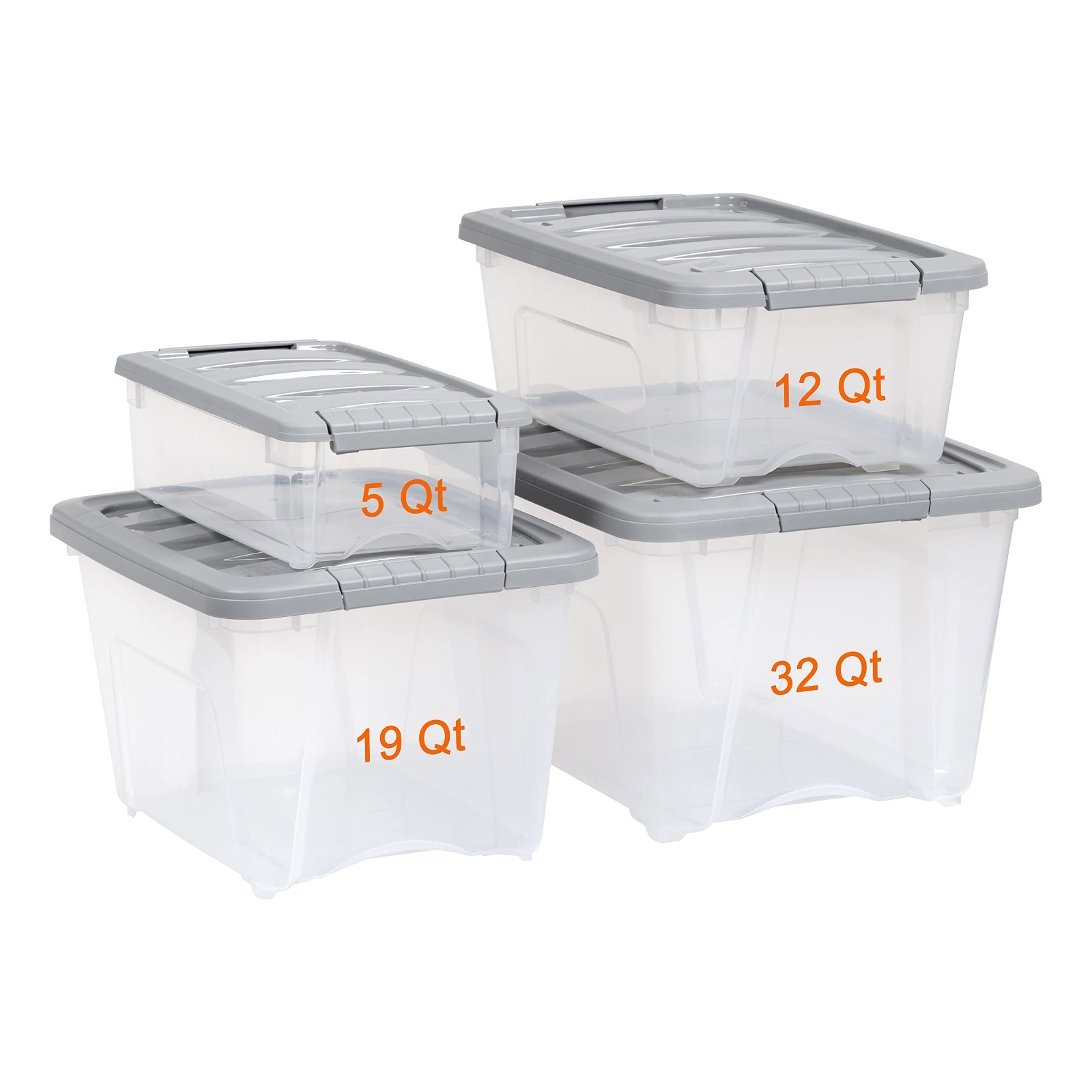 Stackable Plastic Storage Containers with Latching Lids, Clear/Grey, 32 Qt, Set