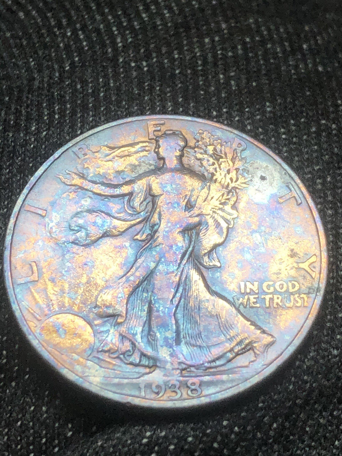 1938 Walking  Liberty Half Dollar Rainbow Toned