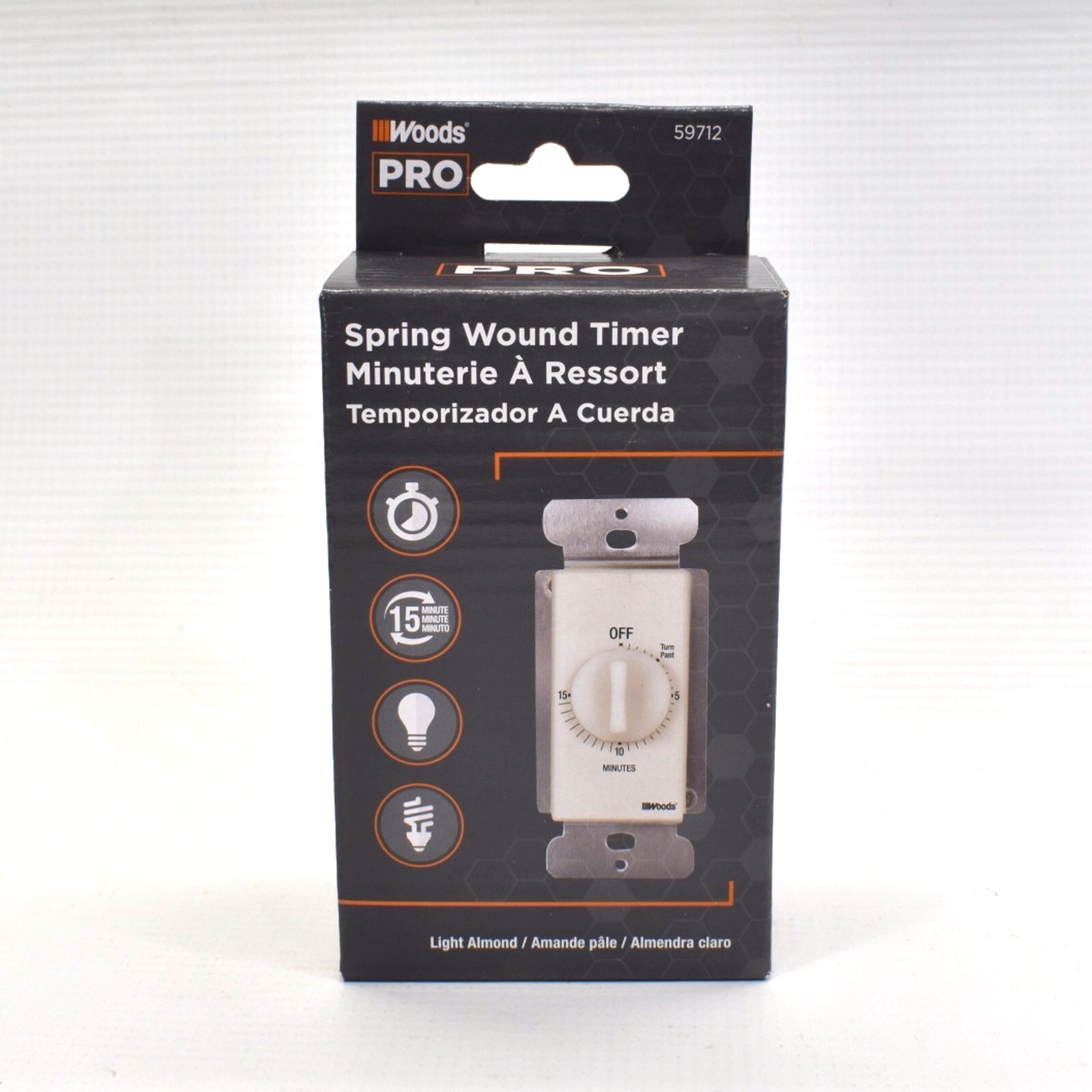 Woods Pro 59712 Spring Wound Dial Wall Timer 15 min. Light Almond