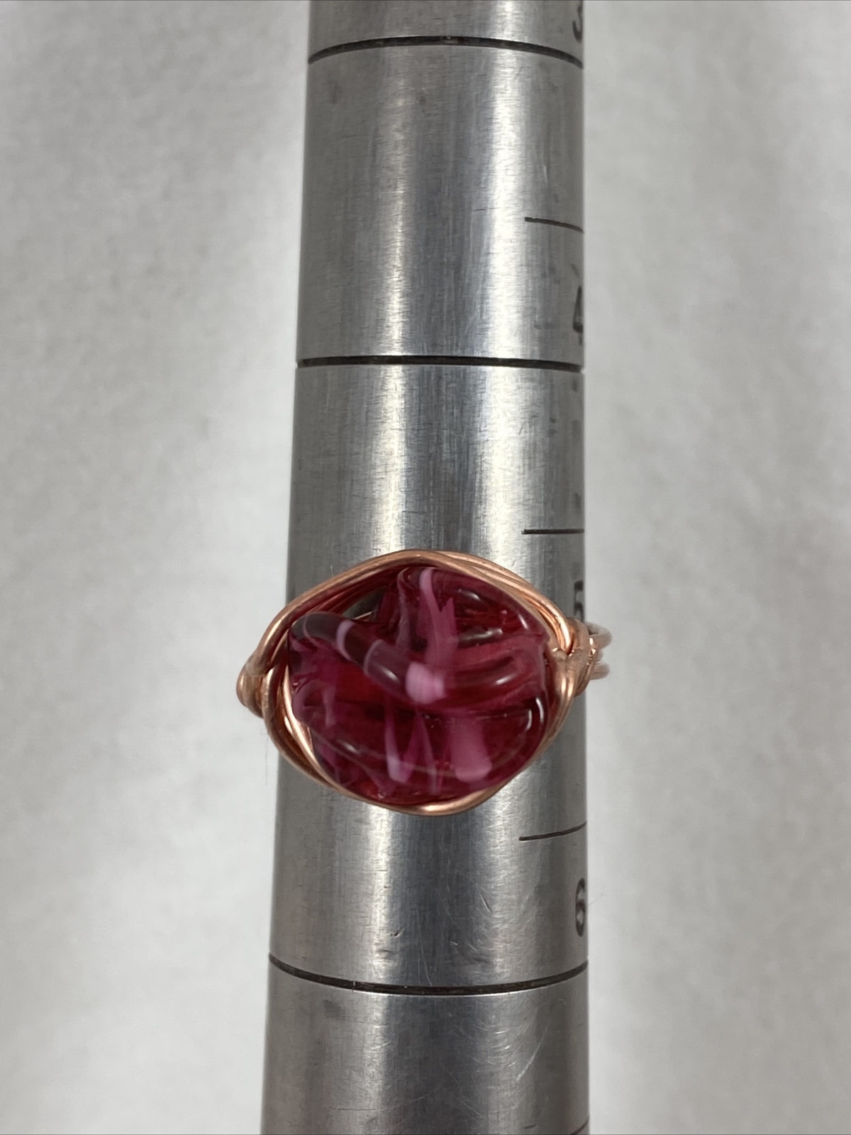 Handmade ~ Copper Wire Wrap ~ Pink Tones Glass Bead Ring ~ Size 5 #163