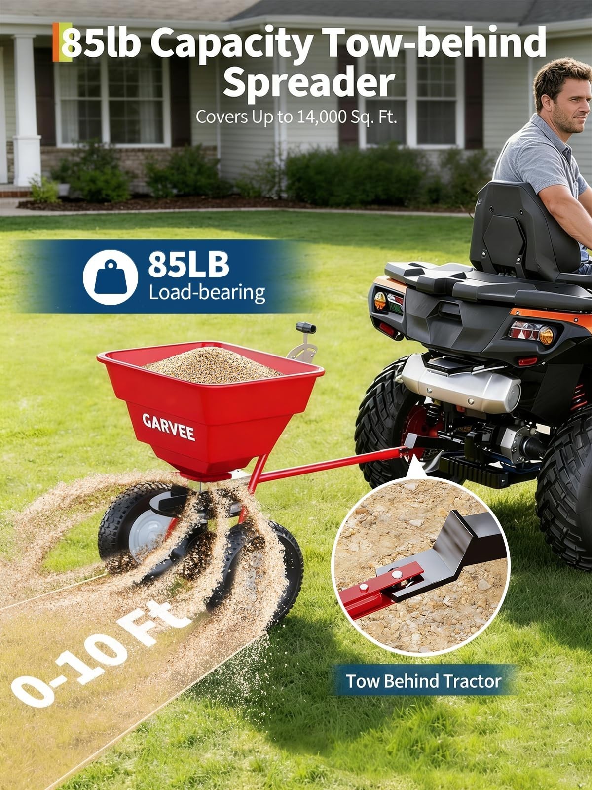 85LBs Tow Behind Broadcast Spreader Adjustable Seed Salt with Cover Hitch