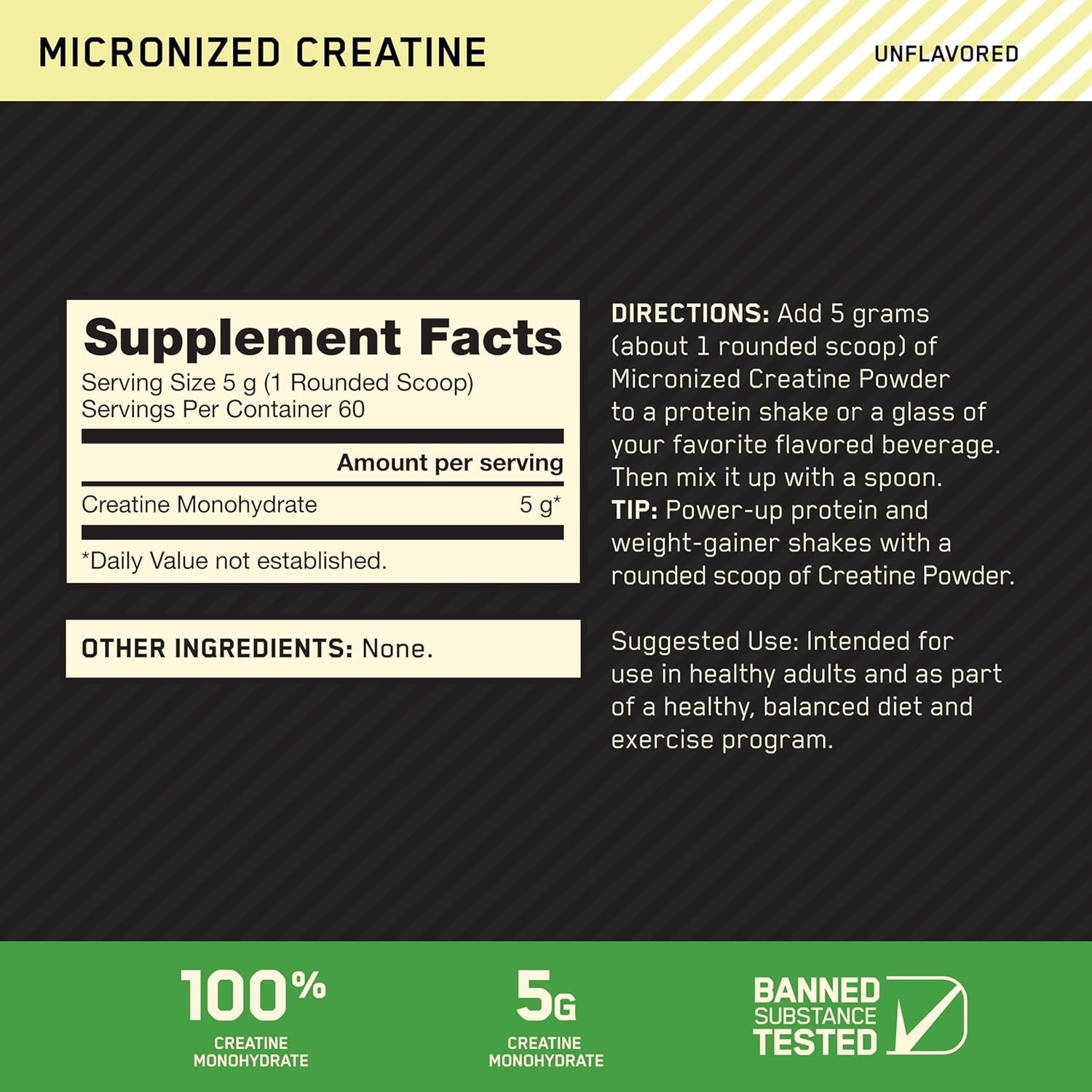 Micronized Creatine Monohydrate Powder, 5g/Serv, Banned Substance Tested