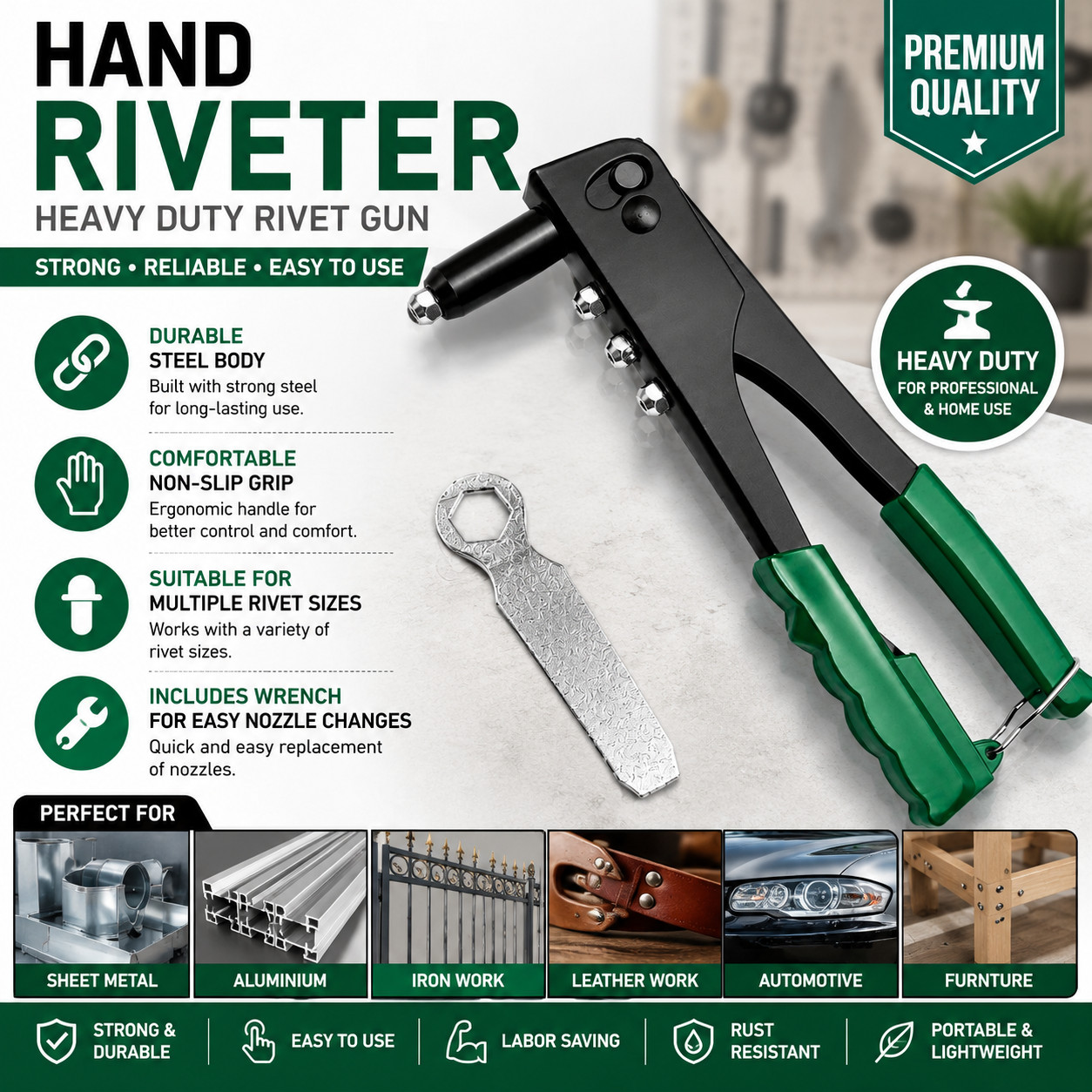 Heavy Duty Hand Riveter Rivet Gun Kit with 4 Nozzles & Spanner 2.4-4.8mm
