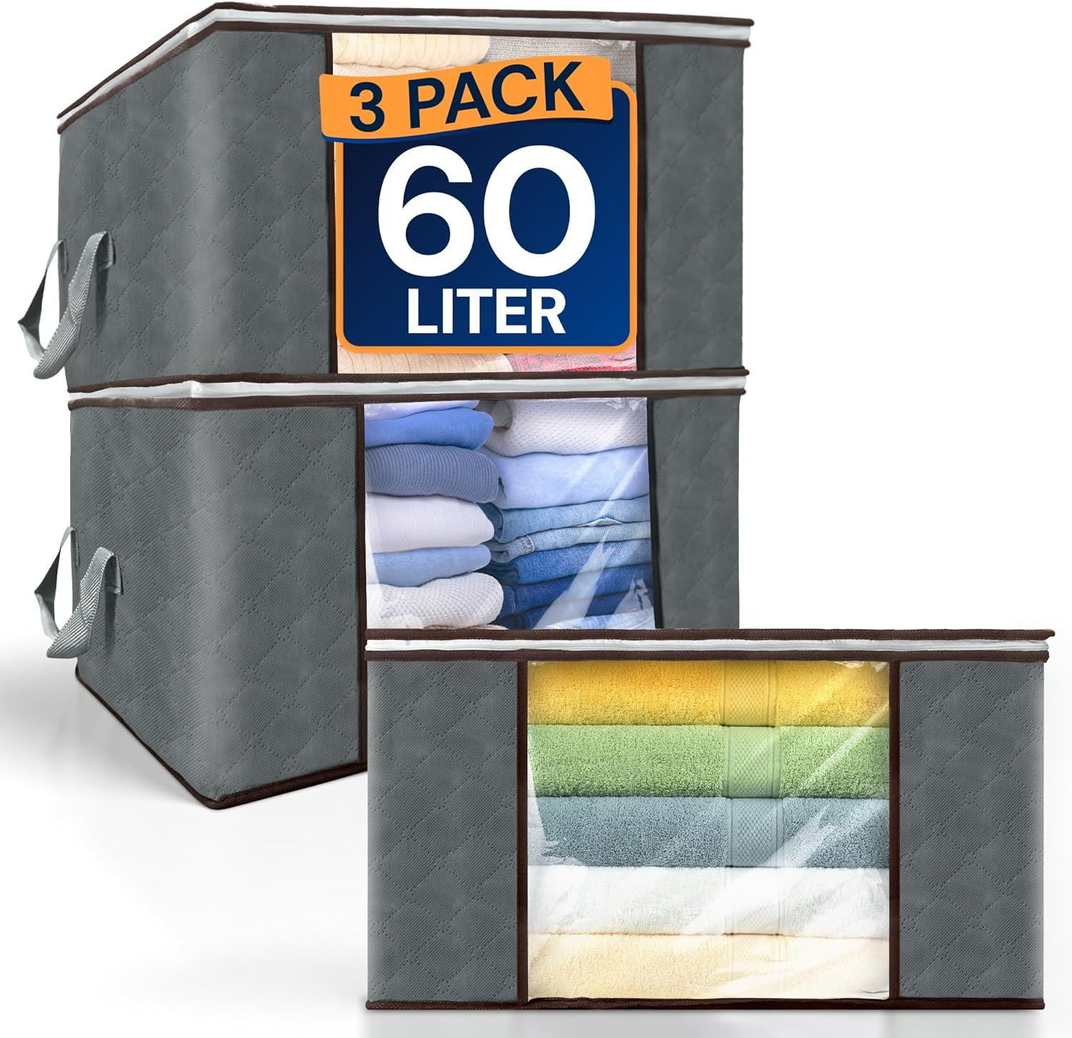 60L Foldable Storage Containers for Blankets & Clothes (3 Pack) | Sturdy Under B