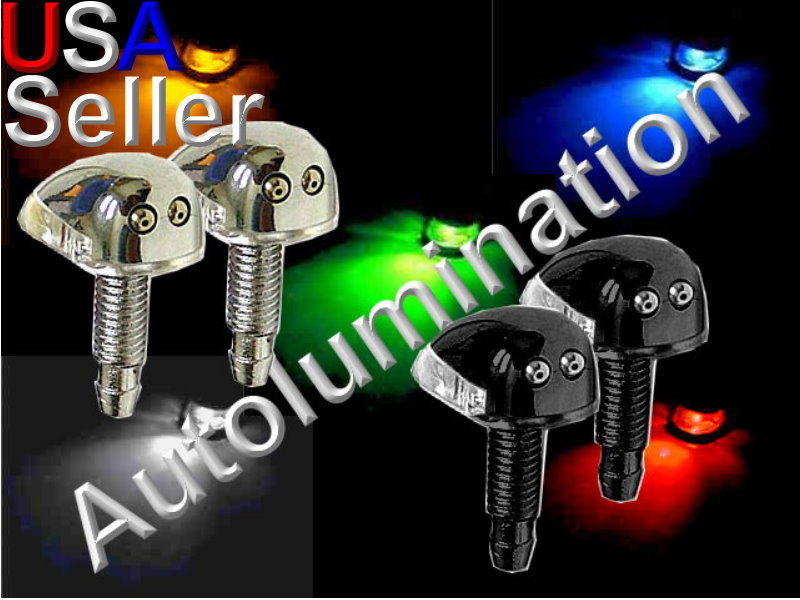 Black Chrome LED Windshield Washer Wiper Hood Mounted Spray Nozzles Nozzle
