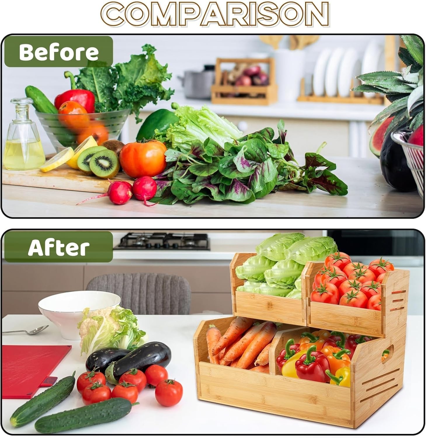 2 Tier Bamboo Stackable Storage Bins 4 Compartment Potato & Onion Storage