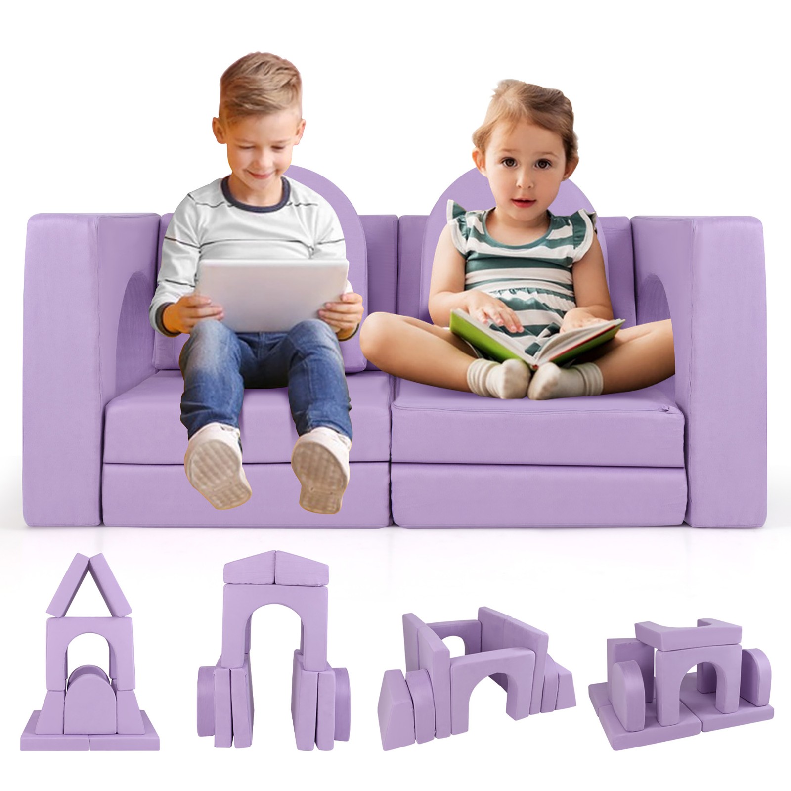 8 PCS Modular Kids Play Couch Sofa w/ Suede Fabric Cover High-Density Foam