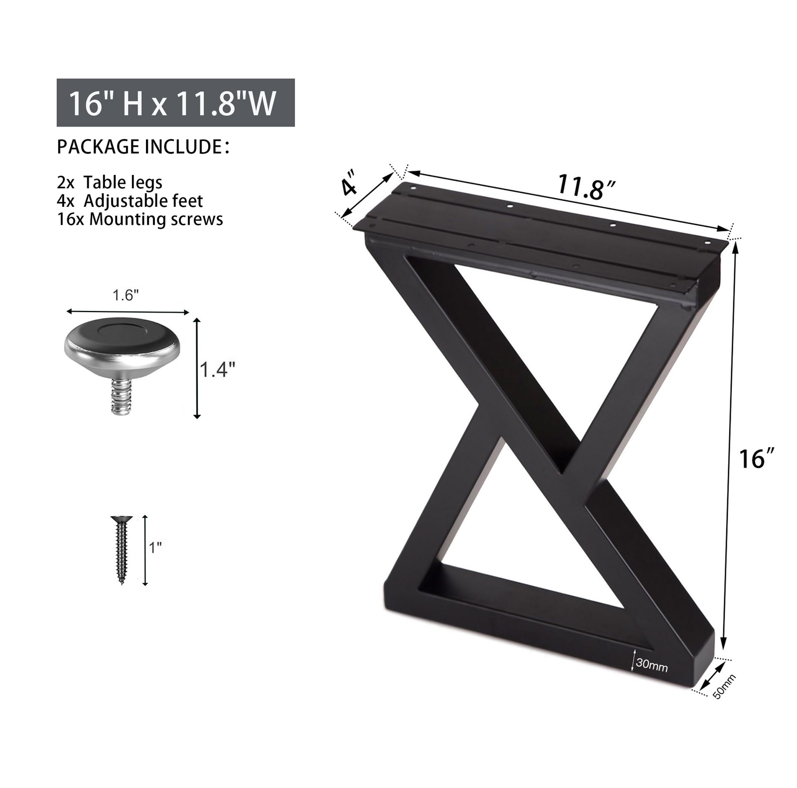 Taelakeni 16 Inch Metal Bench Coffee Table Legs, Set of 2, Black