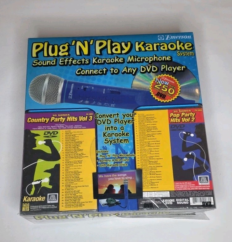 Emerson Plug N' Play Karaoke System w/ Sound Effects Microphone & 250 Songs DVDs