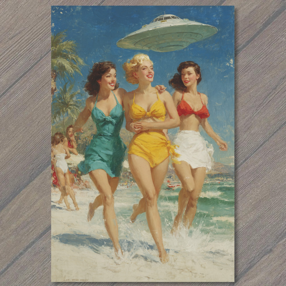 POSTCARD Women UFO Beam Desert Retro Trio Handshake Vintage SciFi Mystery