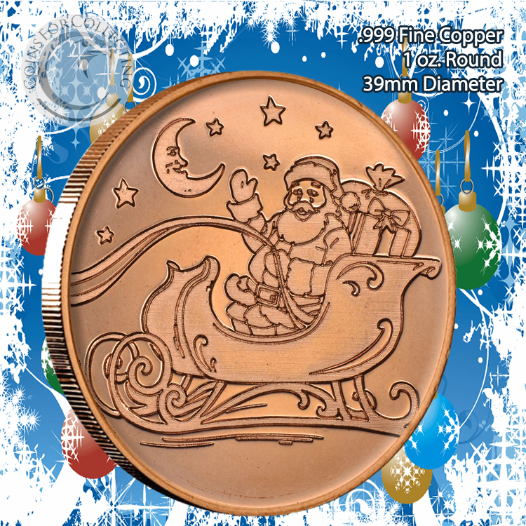 "Santa Sleigh Christmas" Design 1oz .999 Copper round with tree Back
