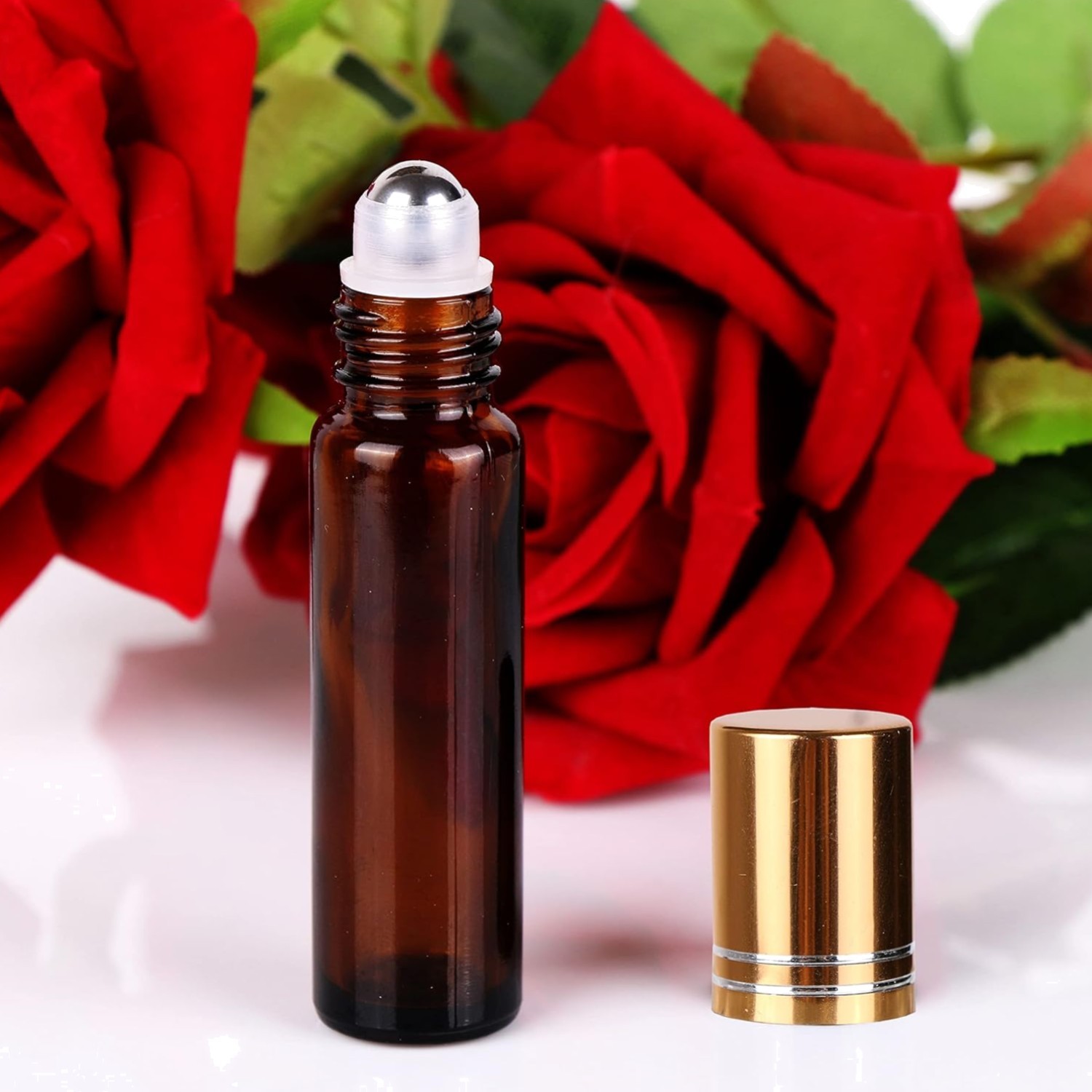 24 Pack Roller Bottles for Essential Oils, Amber Galss 10ml Roll On Bottle wi...