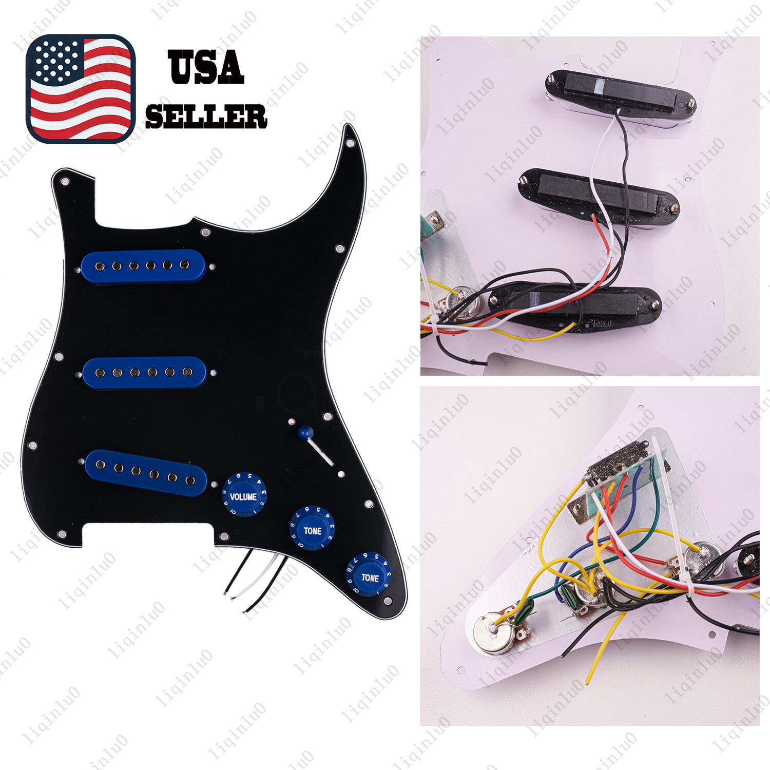 Prewired-Loaded SSS Pickguard Ceramic Pickups For Strat Black(3 Ply)&DBlue