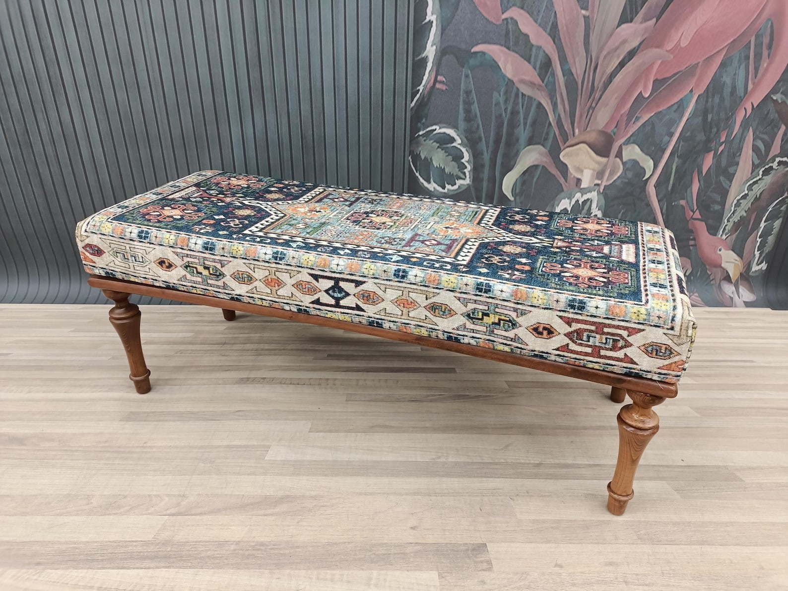 Kilim Pattern Printed Rug Upholstered Piano Bench, Entry Bench, Dining Bench