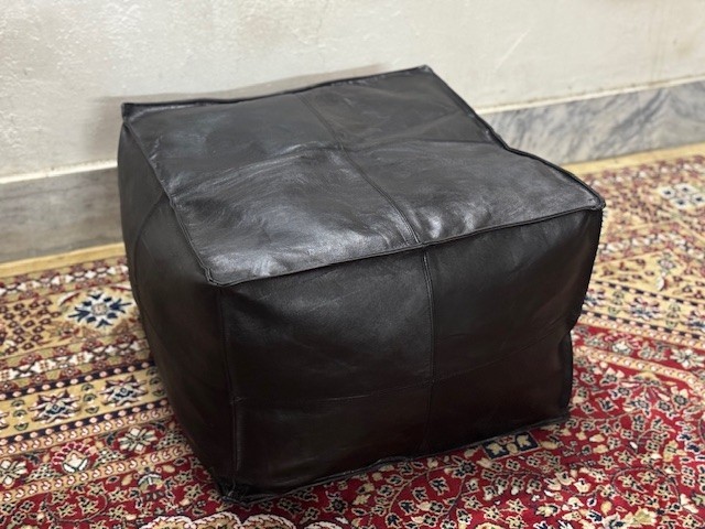 20 Inch Black Leather Pouf Ottoman – Authentic Moroccan Boho Footstool