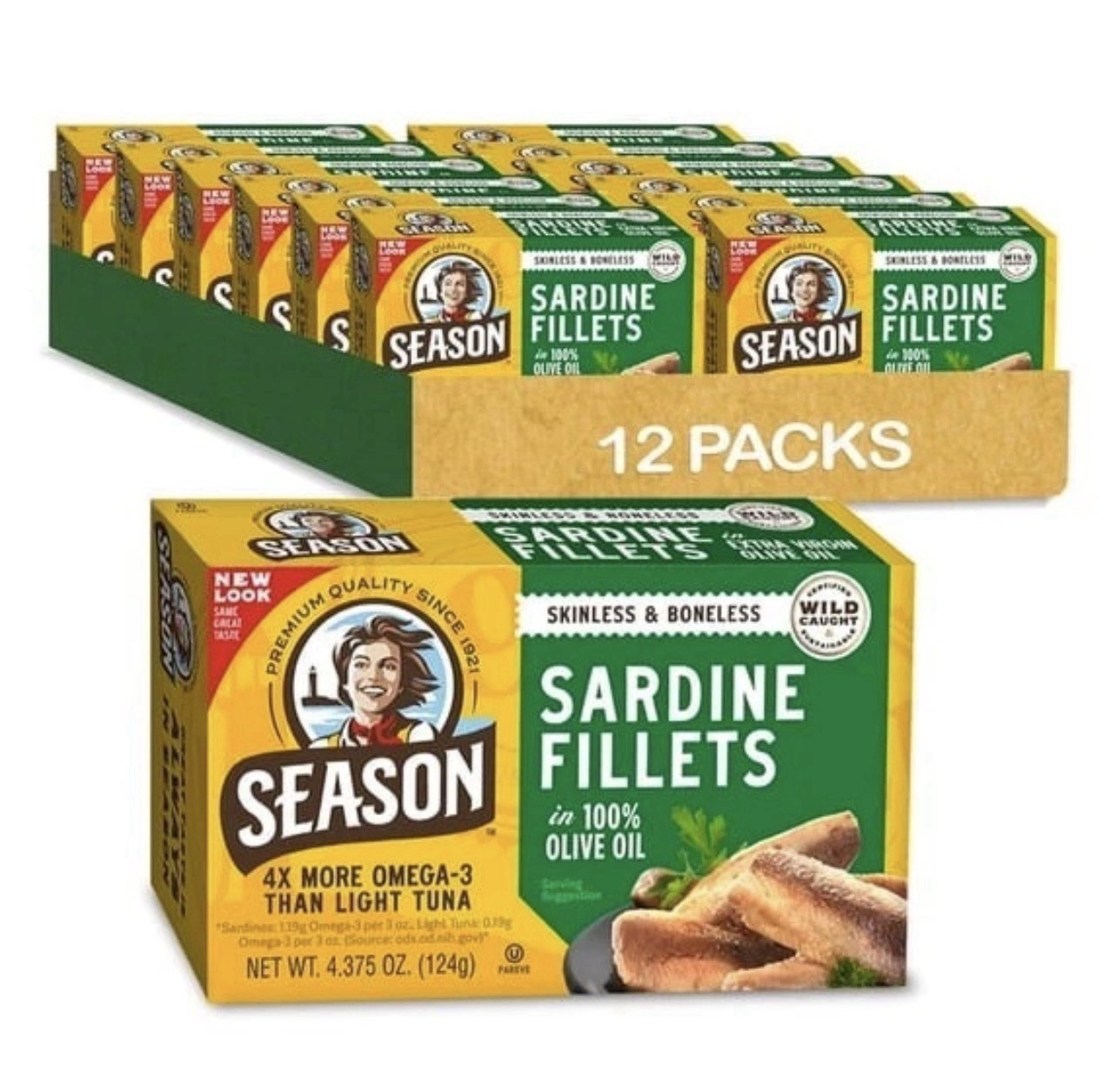 Season Skinless & Boneless Sardines in Olive Oil, 12-count, Total 52.5 oz