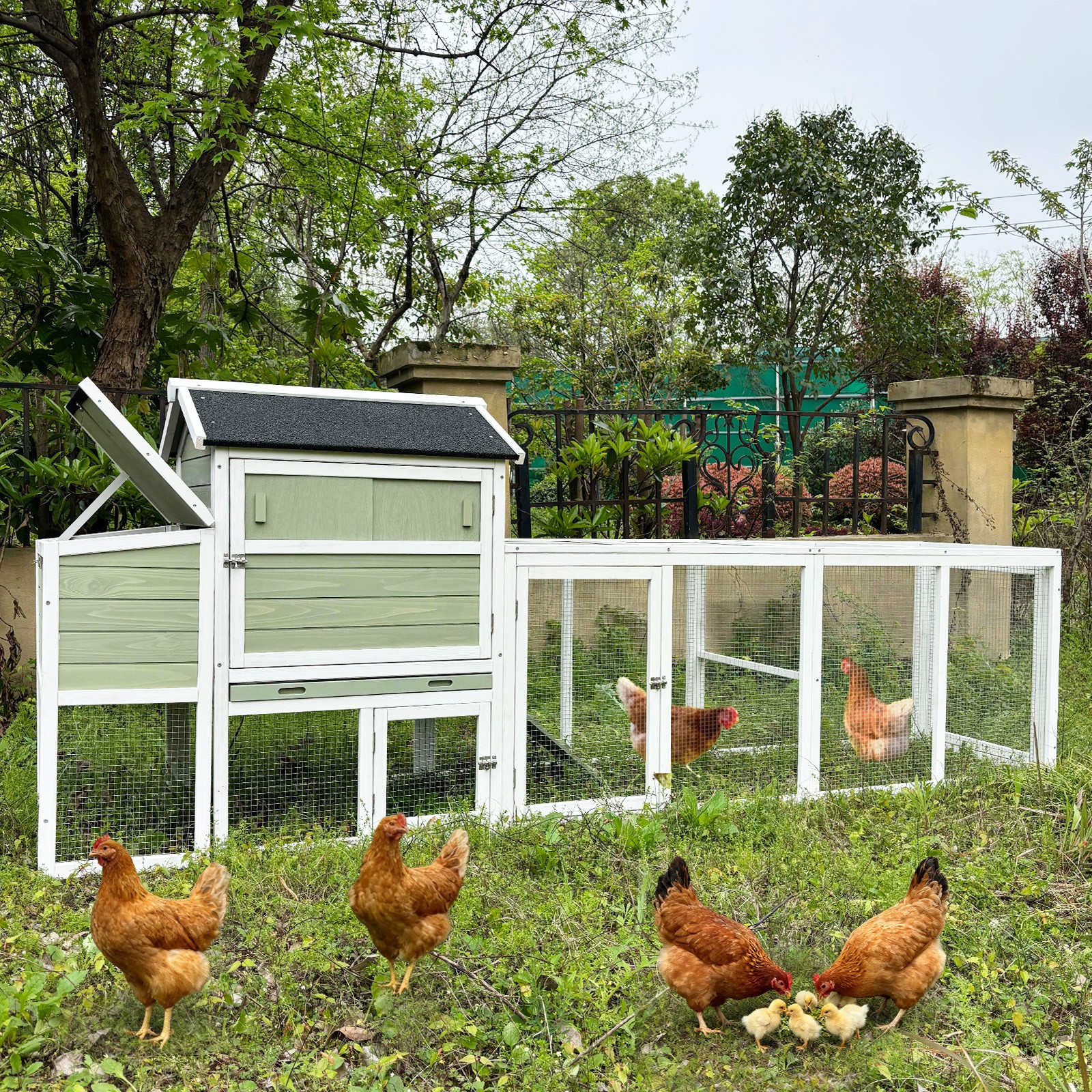 Wooden Chicken Coop Large Outdoor Hen House Rabbit Hutch Anti-UV Panel Backyard