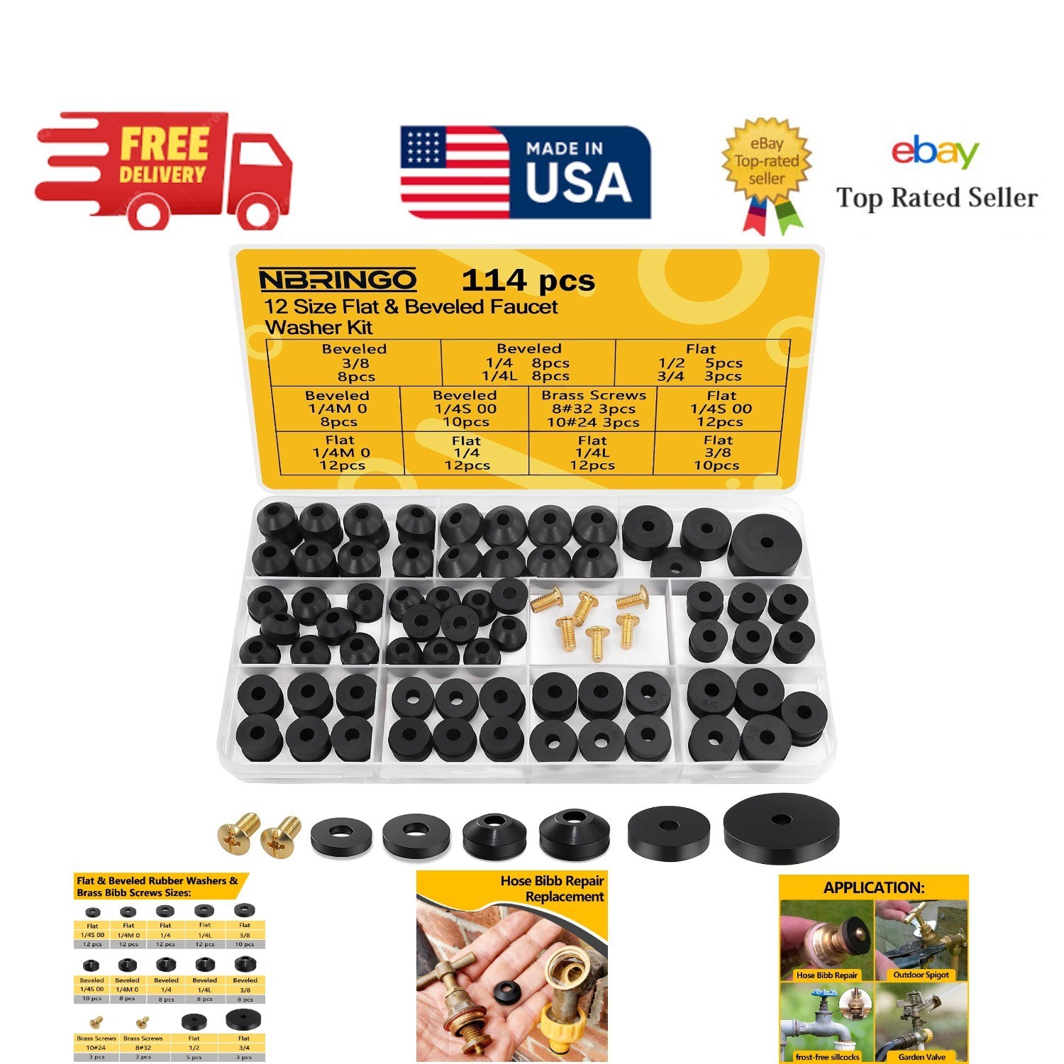 114-Piece 12 Sizes Faucet Washers Assorted Kit - Outdoor Spigot Repair Kit fo...