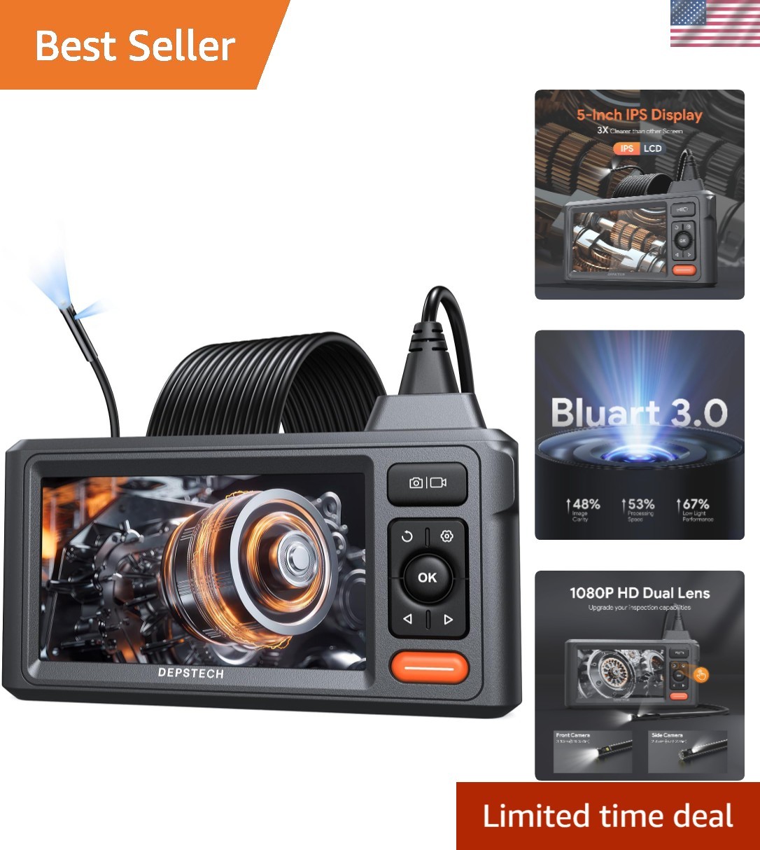 1080P Dual-Lens Endoscope Camera with 5" IPS Screen & 16.5FT Flexible Cable