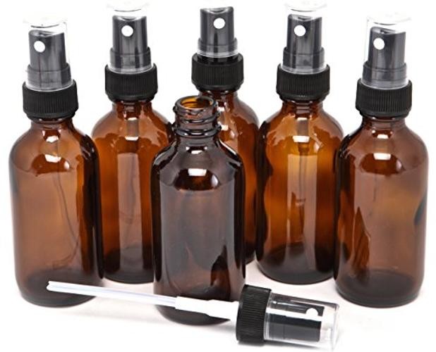 , 6, Amber, 2 oz Glass Bottles, with Black Fine Mist Sprayers