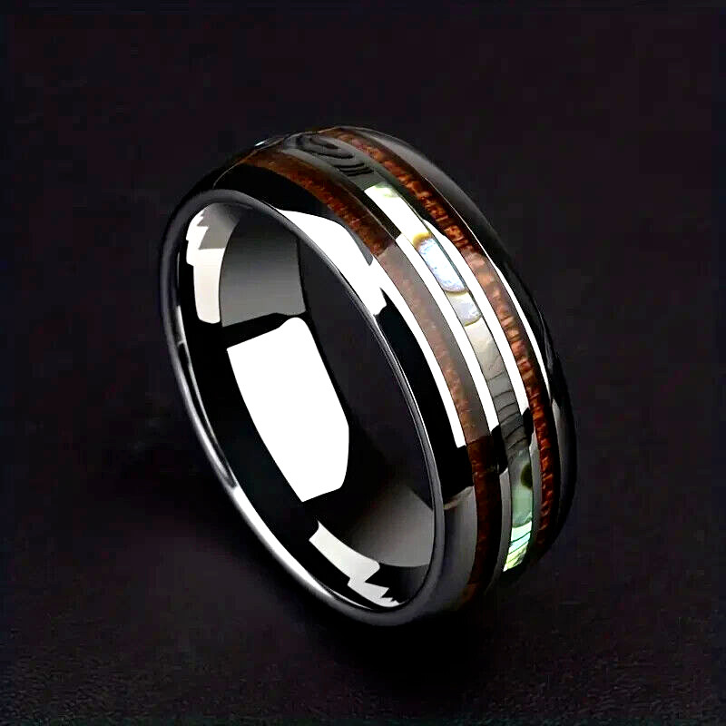 Men's 8mm Tungsten Abalone Hawaiian Koa Wood Inlay Comfort-Fit Wedding Band