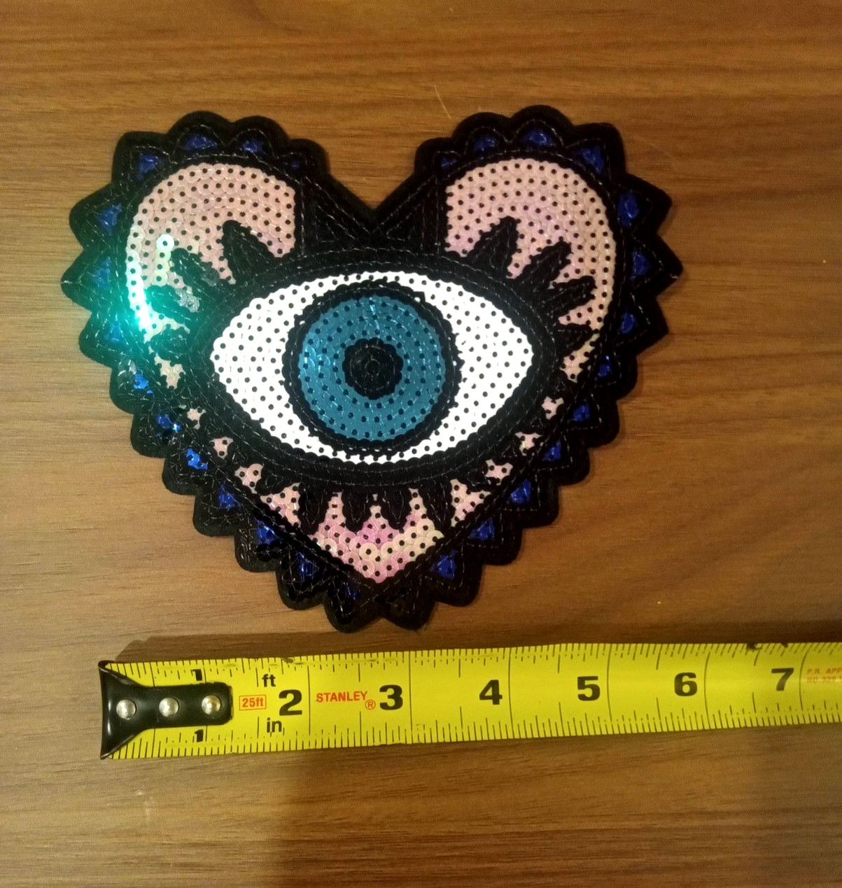New Large 6 inch Iron On Sequined Evil Eye Heart Applique